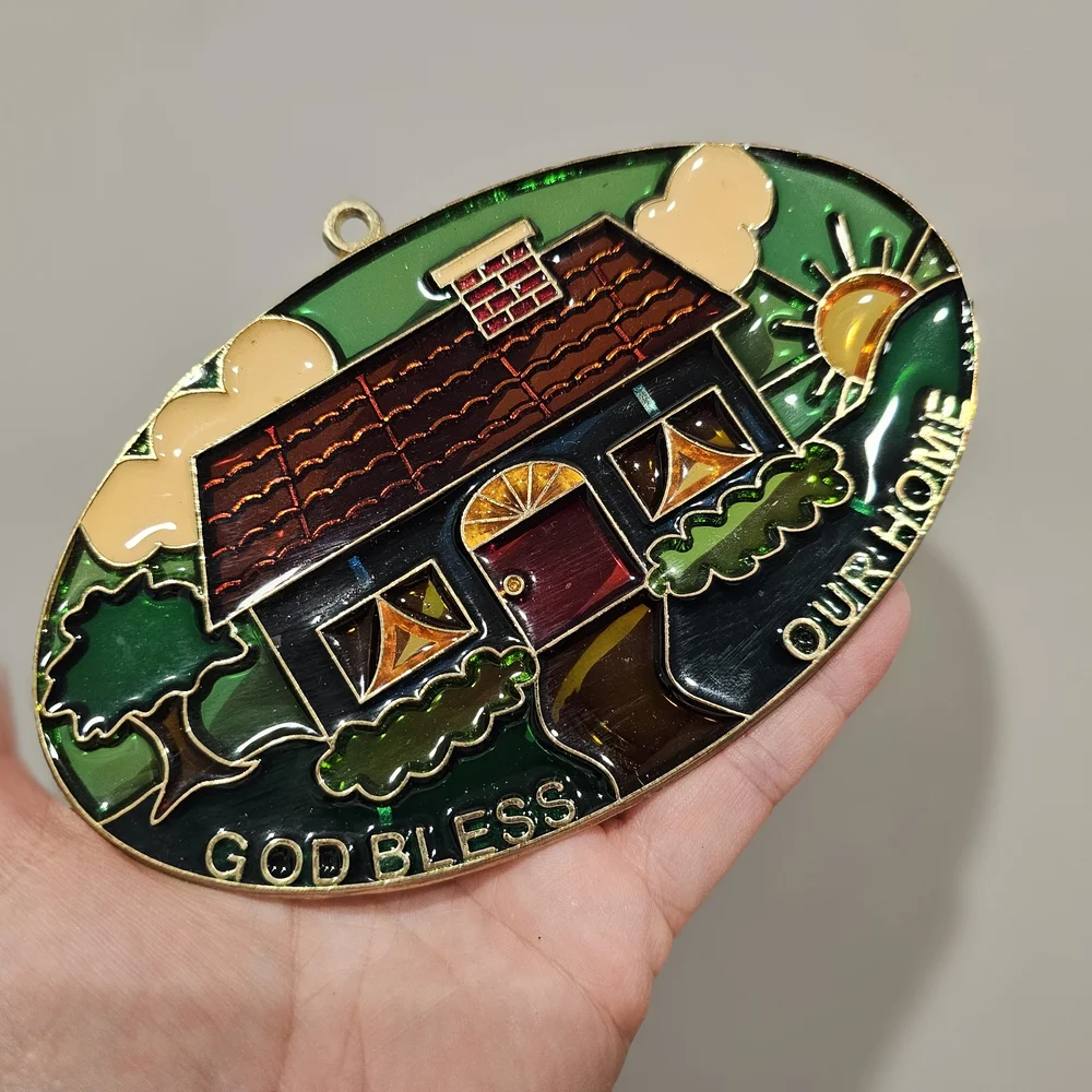 Vtg 80s Stained Glass Suncatcher God Bless Our Home Window Art Hanging Trinket - Picture 3 of 5